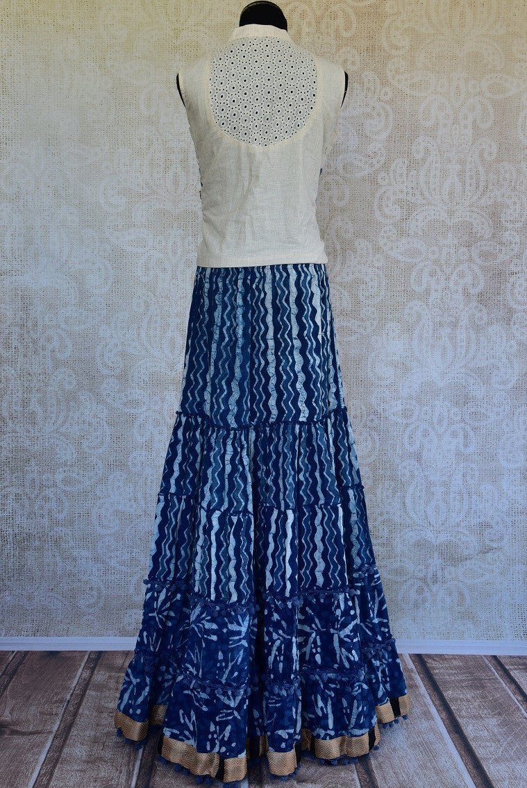 Shop the traditional Indian off white and indigo blue two piece cotton dress online or from our store in NYC. It is perfect for any wedding or reception party. Back View.