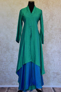 Shop this ethnic Indian blue and green raw silk dress from Pure Elegance online or from our store in Edison. It is perfect for any reception or wedding party. Front View.