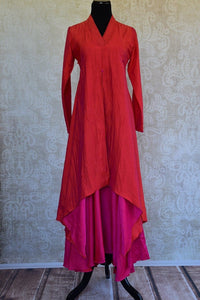 Shop this ethnic Indian pink and red raw silk dress perfect for any baby shower or engagement. Available at our Pure Elegance store in Edison near NJ or online. Front View.
