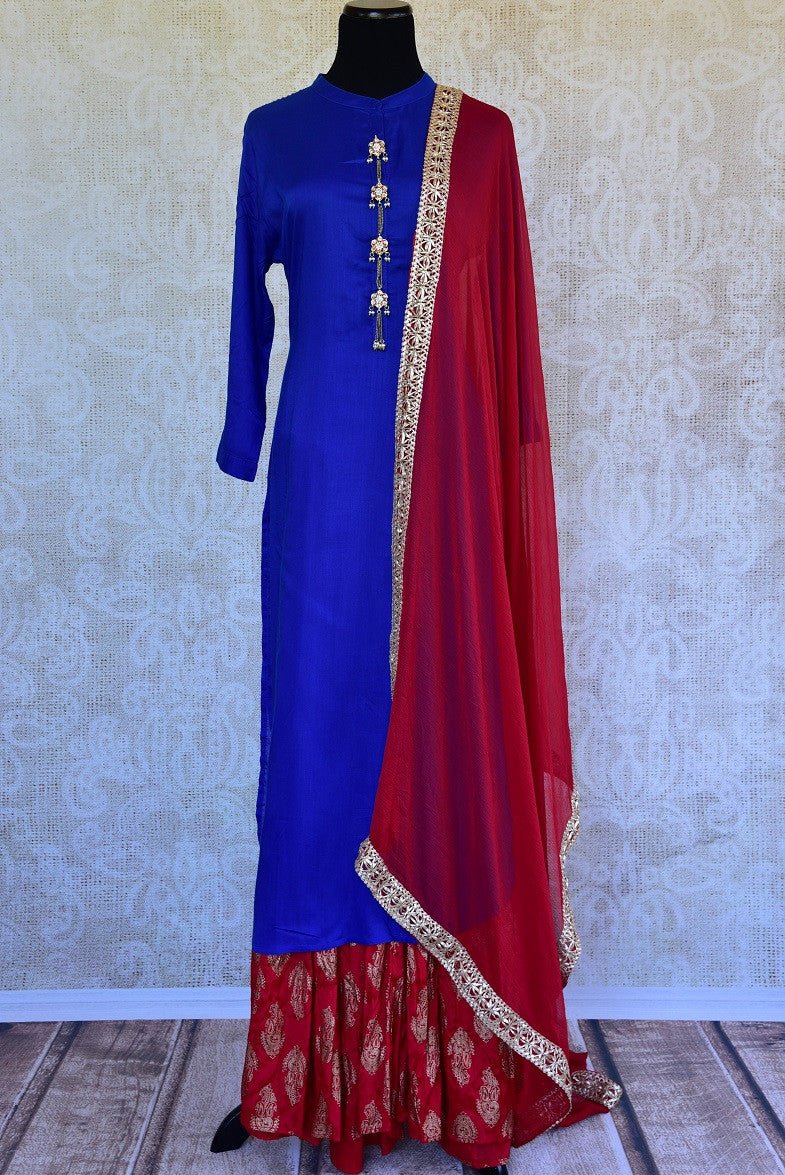 Shop this ethnic Indian red and blue rayon two piece dress ideal for any engagement or birthday party from Pure Elegance online or from our store in Edison NJ. Front View.