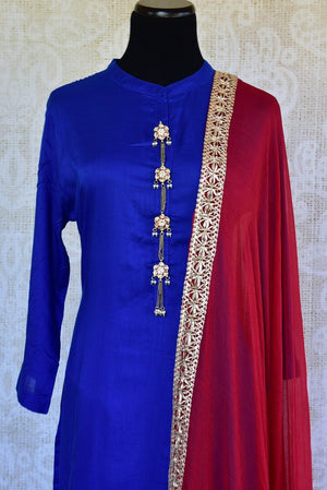 Shop this ethnic Indian red and blue rayon two piece dress ideal for any engagement or birthday party from Pure Elegance online or from our store in Edison NJ. Close up.