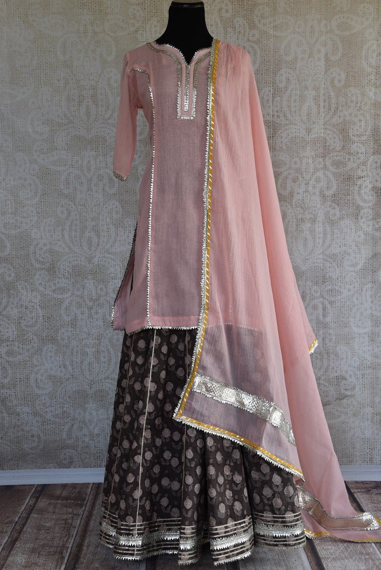 Buy the Indian traditional skirt kurta set with chunni online or from our Pure Elegance store in Edison near NJ. It is ideal for any wedding party or engagement.  Front View.
