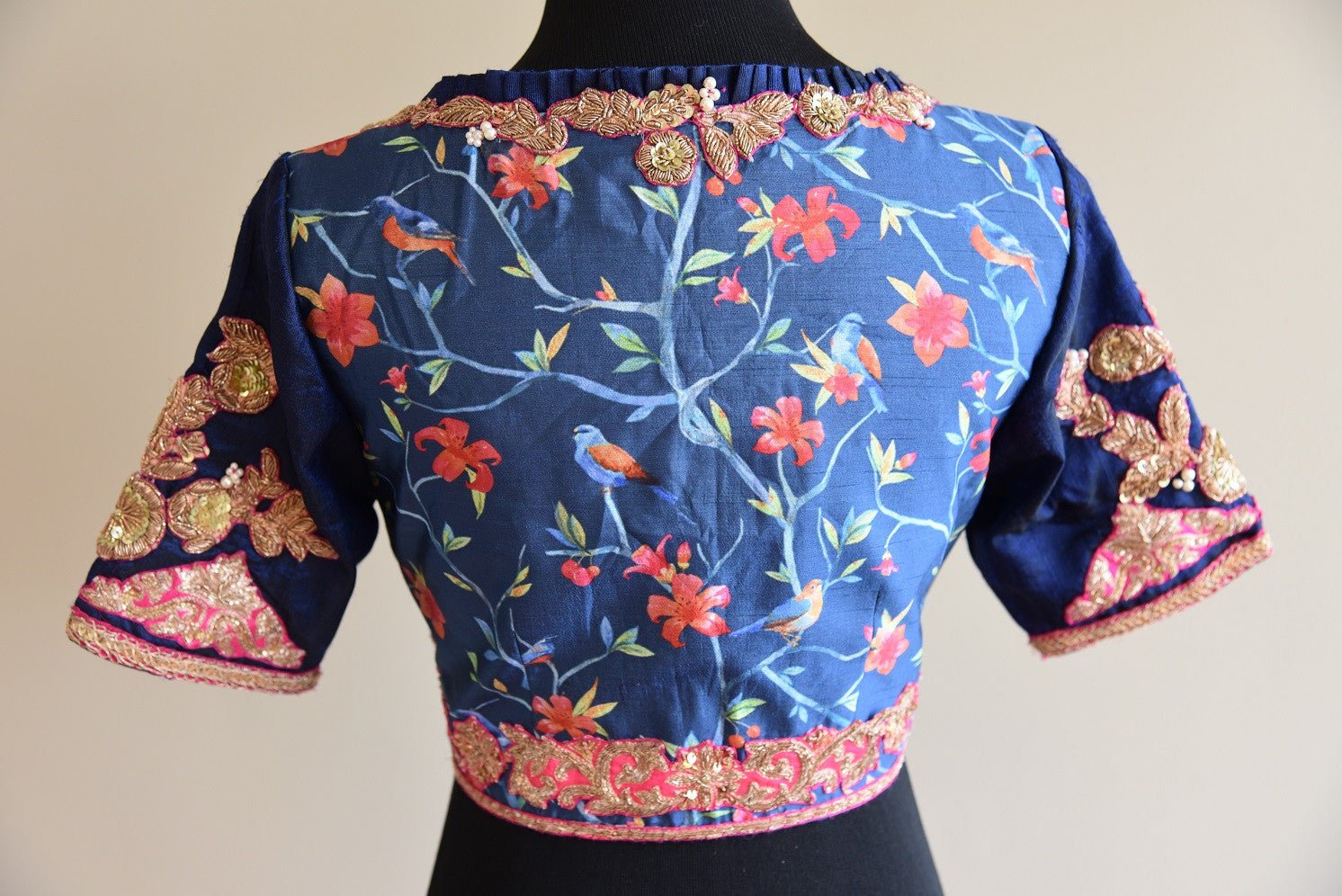 Shop this ethnic Indian designer silk blouse with floral print online or from our Pure Elegance store in USA. It is perfect for any wedding or reception party. Back View.