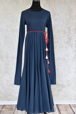 Buy the Indian Ethnic Malmal cotton navy blue full-length Anarkali kurta online or from our Pure Elegance store in USA. Ideal for any sangeet or birthday party. Front View.