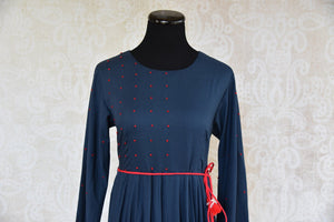 Buy the Indian Ethnic Malmal cotton navy blue full-length Anarkali kurta online or from our Pure Elegance store in USA. Ideal for any sangeet or birthday party. Close up.