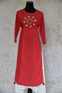 Shop this traditional Indian malmal cotton red long dress perfect for any wedding or sangeet party. It is available online or at our Pure Elegance store in USA. Front View.