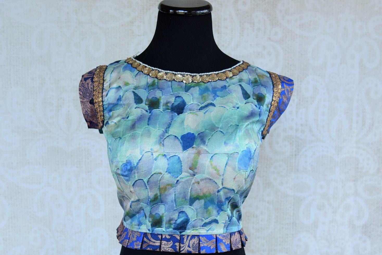 Blue ethnic crepe silk banarasi designer blouse is ideal for any wedding or baby shower. Shop it online as well as in the pure elegance store in Edison, near NJ. Crop Top Blouse.
