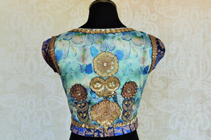 Blue ethnic crepe silk banarasi designer blouse is ideal for any wedding or baby shower. Shop it online as well as in the pure elegance store in Edison, near NJ. Back View.