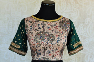 The Indian traditional printed crepe silk embroidered designer blouse is ideal for any wedding or sangeet. Buy it online or from our Pure Elegance store in USA. Front View.