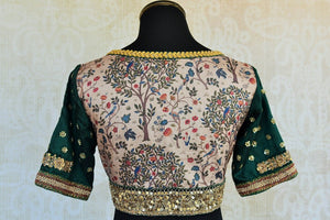 The Indian traditional printed crepe silk embroidered designer blouse is ideal for any wedding or sangeet. Buy it online or from our Pure Elegance store in USA.  Back View.