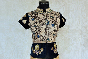 Shop this ethnic Indian long printed beige semi-sleeved blue velvet designer blouse from Pure Elegance online or from our store in USA. Perfect for any wedding.  Long Sleeves.