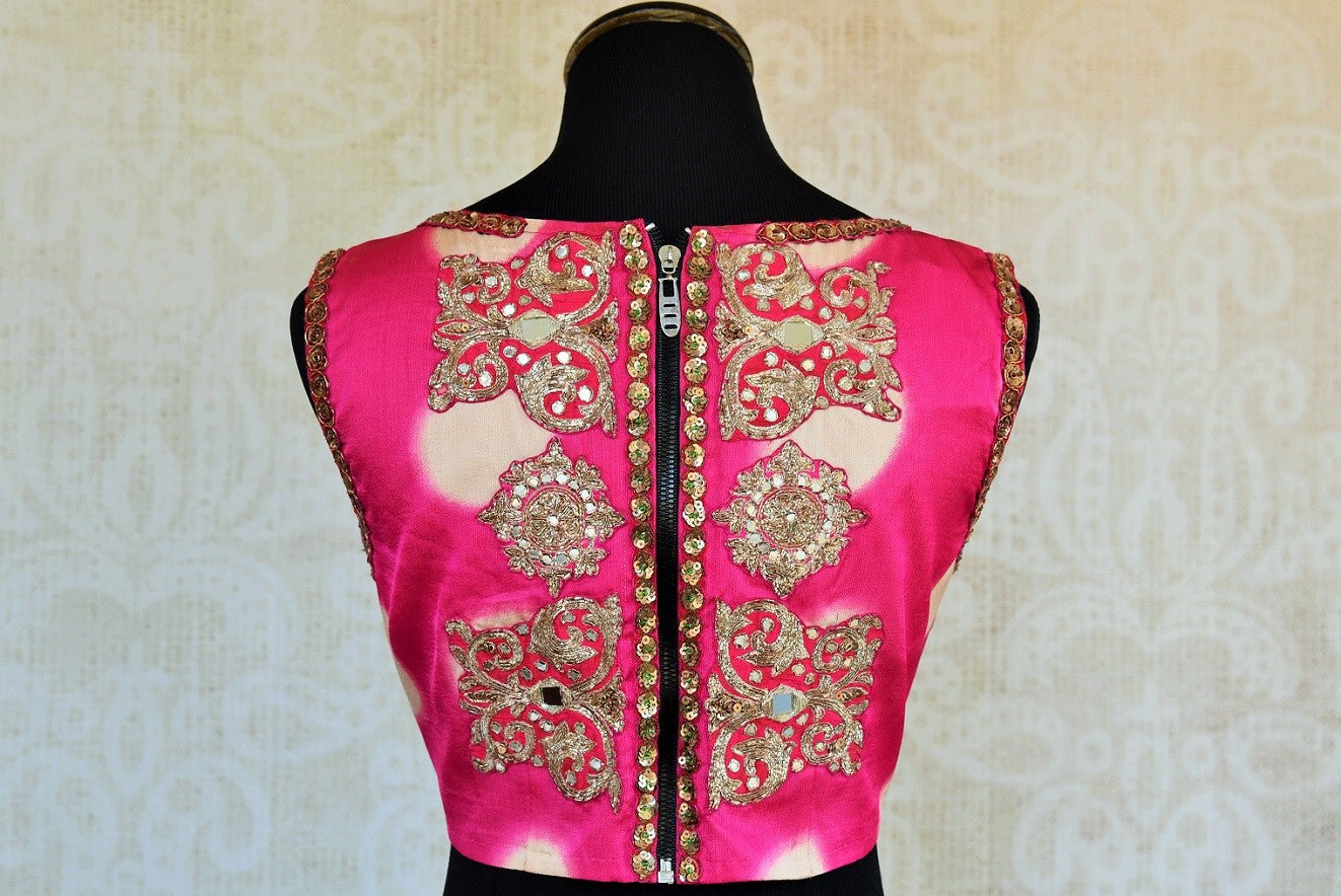 Buy this Indian ethnic embroidered crepe silk and satin designer blouse from Pure Elegance store in Edison and online. Perfect for any sangeet or wedding party. Back View.