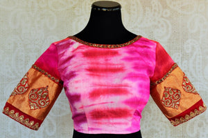 Shop the Indian ethnic pink tie died embroidered designer blouse from our Pure Elegance store in USA and online. It is perfect for any wedding or baby shower. Front View.