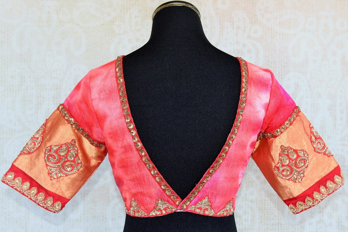 Shop the Indian ethnic pink tie died embroidered designer blouse from our Pure Elegance store in USA and online. It is perfect for any wedding or baby shower. Deep Neck.