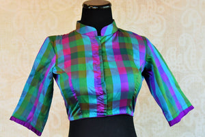 Shop the Indian traditional designer blouse from Pure Elegance store in Edison or online. Ideal for any wedding or reception. Long Sleeves Blue and Green Checks. Blue Green Checks.