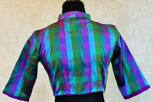 Shop the Indian traditional designer blouse from Pure Elegance store in Edison or online. Ideal for any wedding or reception. Long Sleeves Blue and Green Checks. Back View.