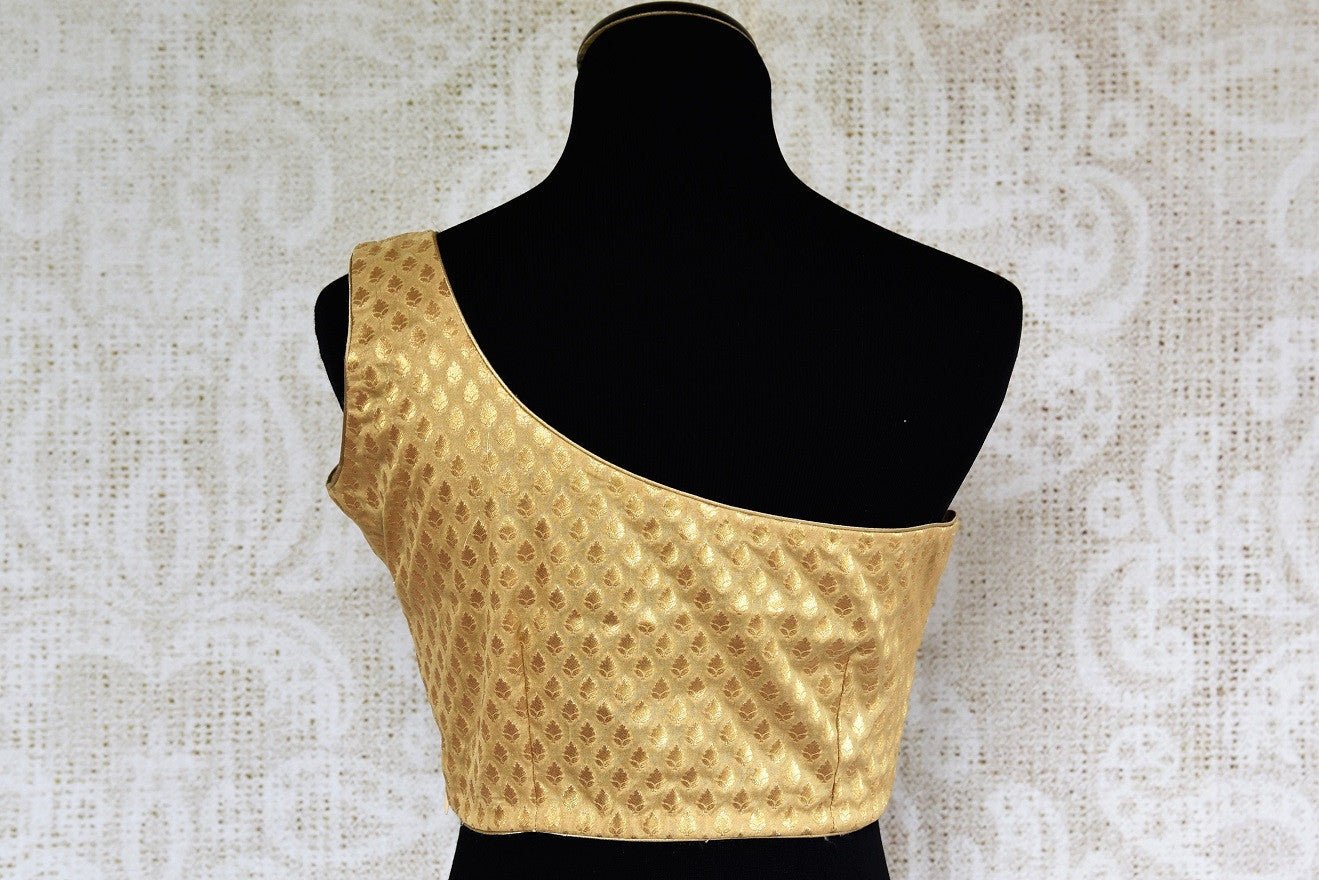 Buy this beautiful Indian gold designer blouse with elegant patterns. Perfect for any festive occasion. Available from Pure Elegance online USA store. - back