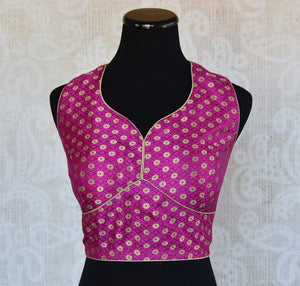 Buy the Indian traditional pink sleeveless banarasi crop top blouse from our Pure Elegance store in Edison near NJ. Perfect for any engagement or wedding party. Front View.
