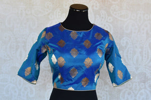 Shop this Indian traditional blue banarasi blouse from Pure Elegance online or from our store in Edison near NJ. It is ideal for any wedding or reception party. Front View.