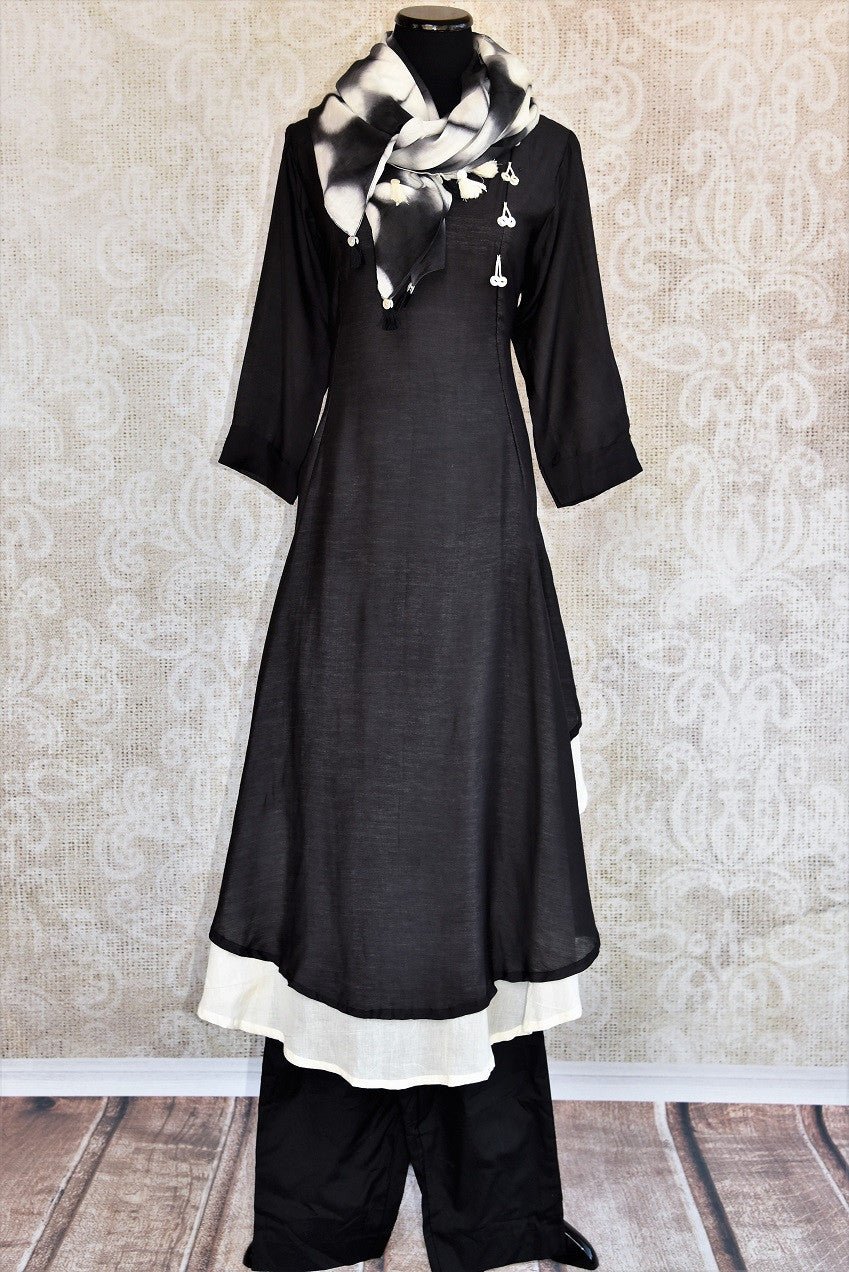 Buy this Indian traditional black malmal cotton anarkali (large) dress perfect for any sangeet or reception party online or from our Pure Elegance store in USA. Front View.