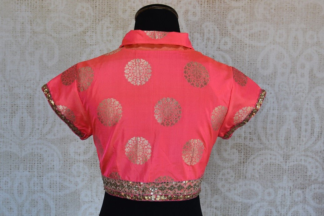 Shop this Indian traditional embroidered banarasi silk high neck blouse perfect for any sangeet or wedding online or from our Pure Elegance in Edison, near NJ. Back View.