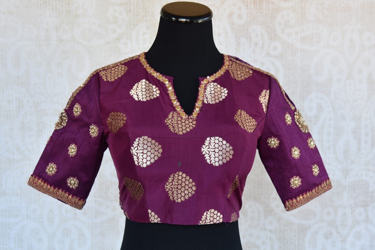 Buy this traditional Indian banarasi silk purple embroidered blouse ideal for any wedding or puja from Pure Elegance online or from our store in Edison near NJ. Front View.