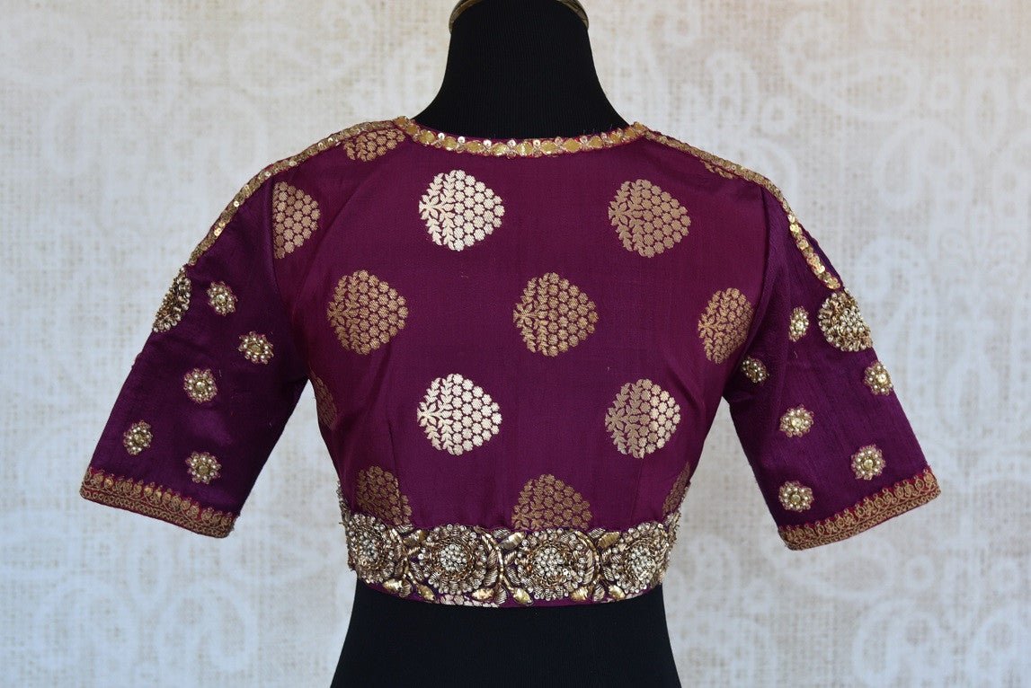 Buy this traditional Indian banarasi silk purple embroidered blouse ideal for any wedding or puja from Pure Elegance online or from our store in Edison near NJ. Back View.