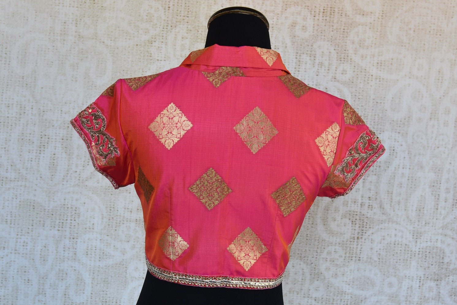 Shop this traditional Indian embroidered banarasi designer blouse from Pure Elegance online or from our store in USA. Perfect for any wedding or reception party. Back View.
