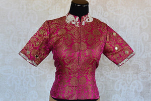 Shop this Indian ethnic pink embroidered banarasi blouse from Pure Elegance online or from our store in Edison near NJ. Ideal for any wedding party or reception. Front View.