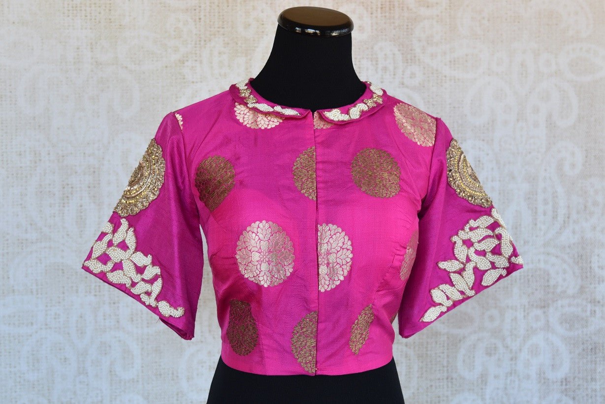 Shop this Indian traditional pink embroidered banarasi blouse from Pure Elegance online or from our store in USA. It is perfect for any wedding or reception party. Front View.