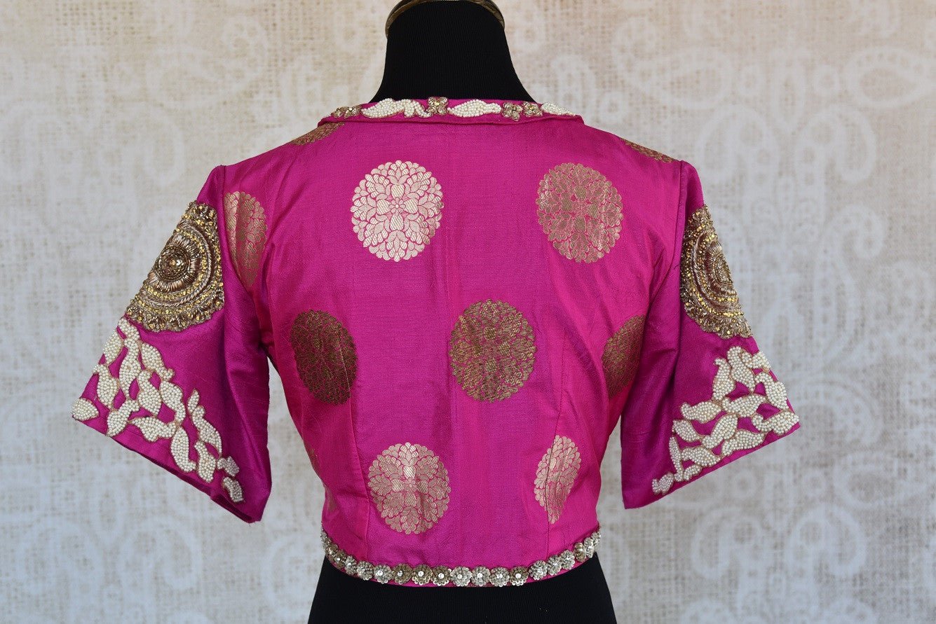 Shop this Indian traditional pink embroidered banarasi blouse from Pure Elegance online or from our store in USA. It is perfect for any wedding or reception party. Back View.