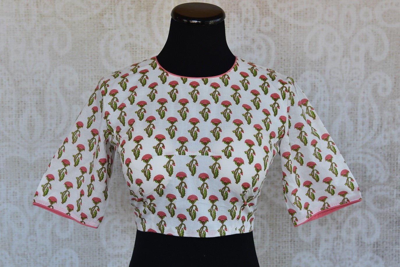 Buy this ethnic off white cotton printed designer blouse from our Pure Elegance store in USA or online. Ethnic blouse perfect for any wedding or reception party. Front View.