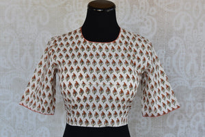 Shop this Indian traditional printed cotton designer blouse perfect for any wedding party or reception. Available at our Pure Elegance store in Edison or online. Front View.