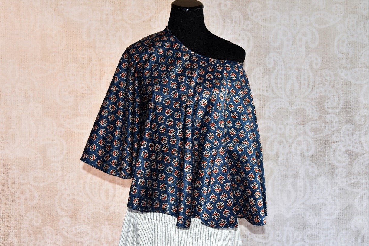 Buy the Indian ethnic pure silk cape and skirt with Ajrakh print online or from our Pure Elegance store in USA. The dress is perfect for any wedding or reception. Top View.