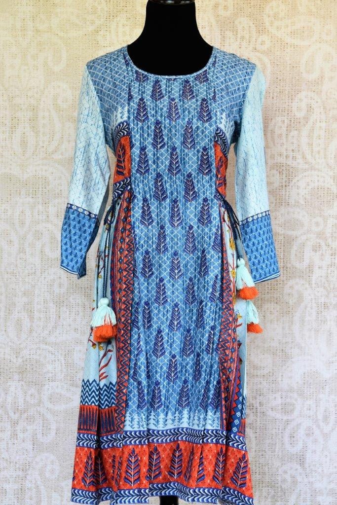 Buy this traditional blue cotton silk printed dress online or from our Pure Elegance store in USA. We bring you stylish Indian dresses online for every occasion.-full view