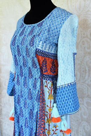 Buy this traditional blue cotton silk printed dress online or from our Pure Elegance store in USA. We bring you stylish Indian dresses online for every occasion.-top closeup