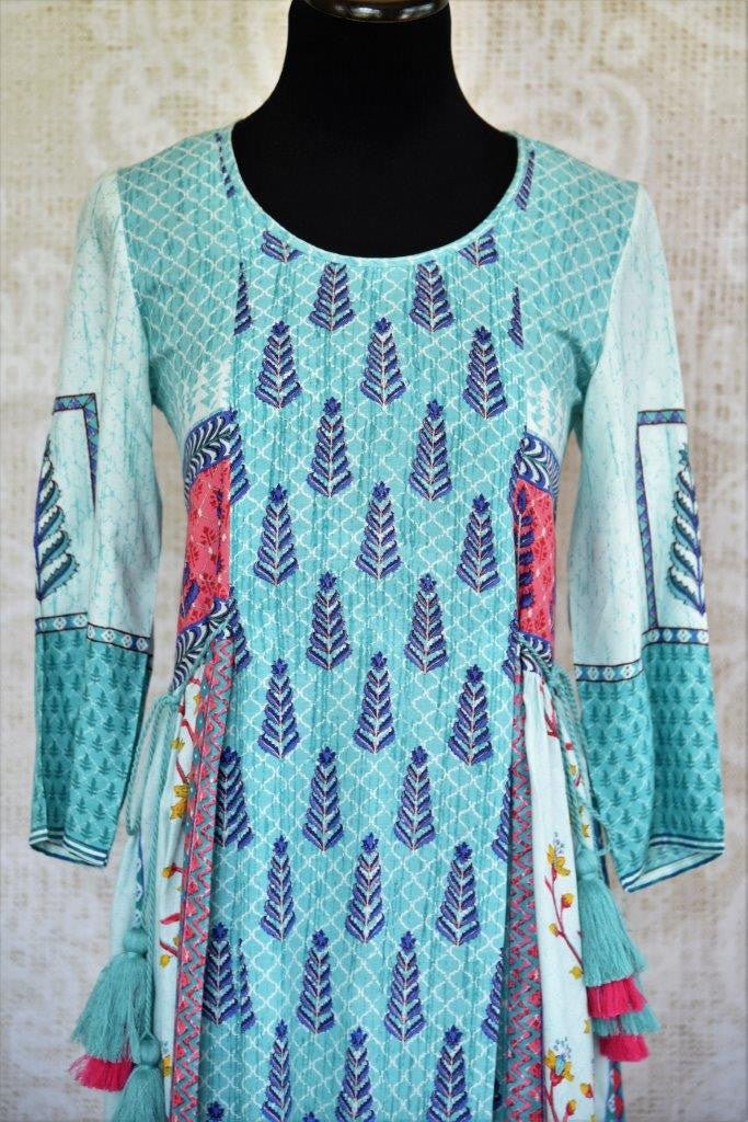 Buy traditional blue cotton silk printed dress online or from our Pure Elegance store in USA. We bring you a range of latest Indian dresses online for every occasion.-top close up