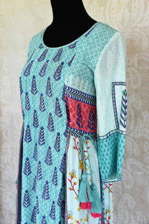 Buy traditional blue cotton silk printed dress online or from our Pure Elegance store in USA. We bring you a range of latest Indian dresses online for every occasion.-top side view