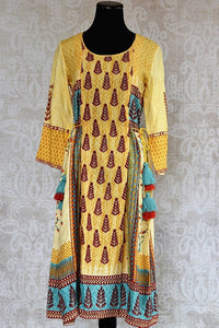 Buy this ethnic yellow cotton silk printed dress online or from our Pure Elegance store in Edison near NJ. We bring you stylish Indian dresses online in USA for every occasion. Front View.