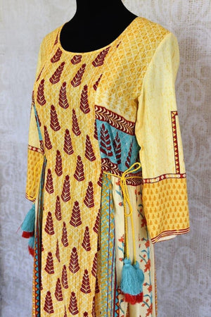 Buy this ethnic yellow cotton silk printed dress online or from our Pure Elegance store in Edison near NJ. We bring you stylish Indian dresses online in USA for every occasion.-top close up