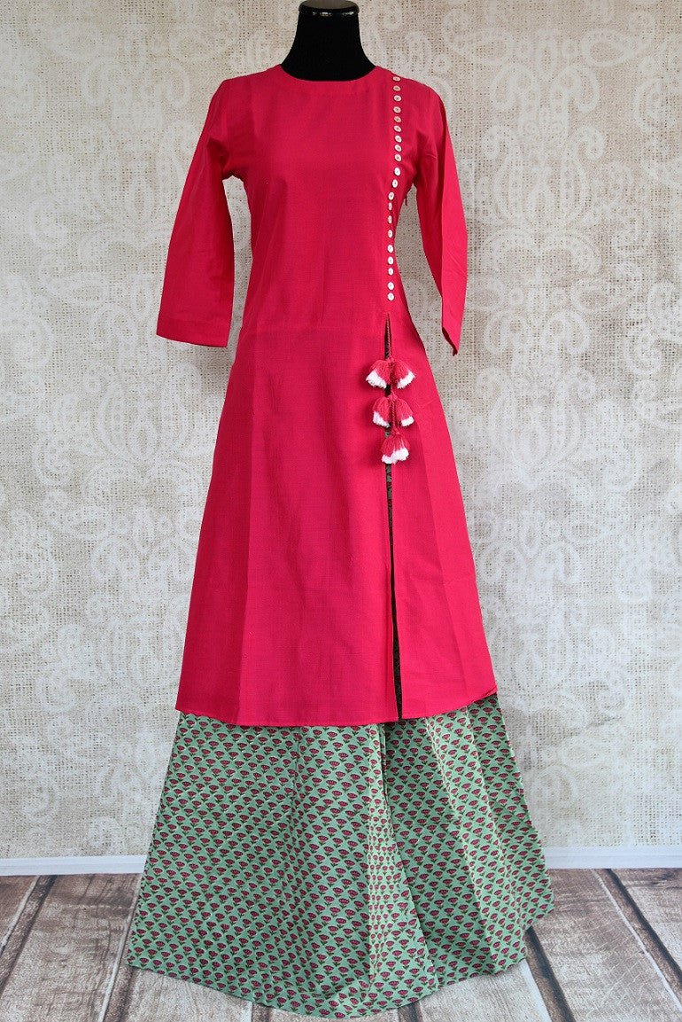 401965, Indian traditional cotton kurta plazzo set from Pure Elegance is available online or at our store near Edison. Perfect for any wedding, reception or engagement. Front View.