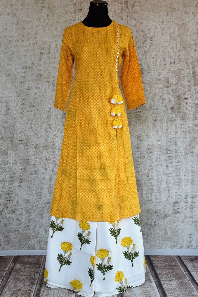 401966, 401966 Traditional Indian Pure Elegance Yellow Cotton Kurta Plazzo Set. Front View.
