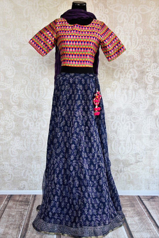 401967, Shop this ethnic Indian cotton banarasi crop top with crushed dupatta and chiffon skirt online or from our Pure Elegance store in USA. Perfect for any wedding, reception, or sangeet. Front View.