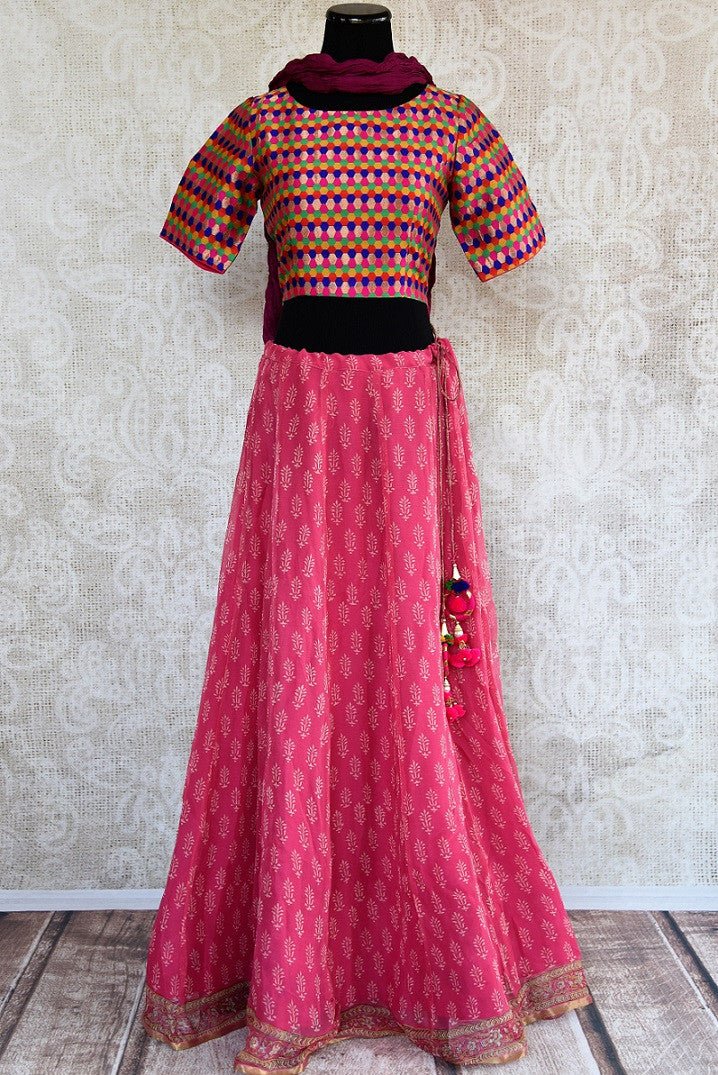 401968, Ethnic Indian cotton skirt with benarasi crop top and crushed duppata set is available at the Pure Elegance store in USA or online. Perfect for any wedding or reception. Front View.