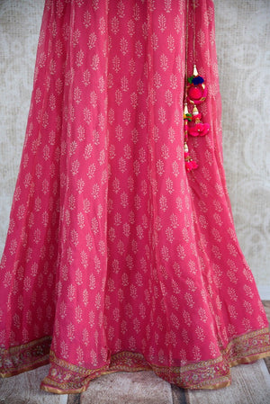 401968, Ethnic Indian cotton skirt with benarasi crop top and crushed duppata set is available at the Pure Elegance store in USA or online. Perfect for any wedding or reception. Pink Skirt.