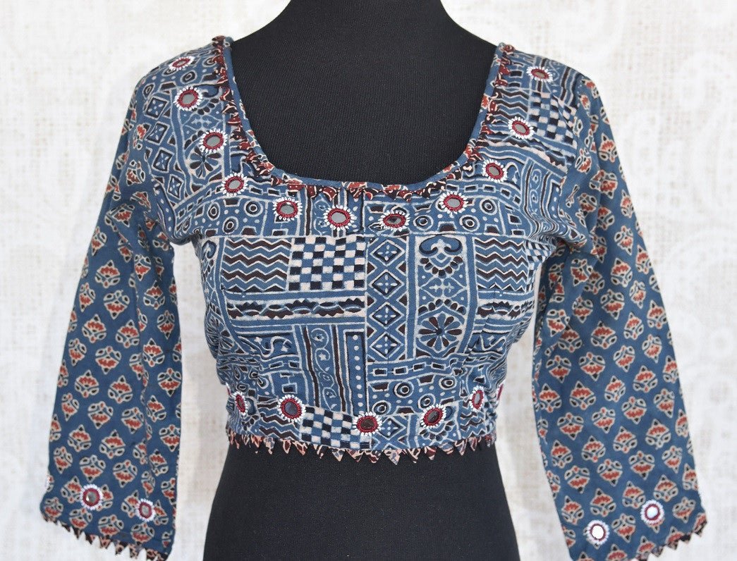Buy this Indian traditional cotton printed designer blouse with ajrakh print perfect for any wedding or reception party available online or from our store in USA. Blue Blouse.