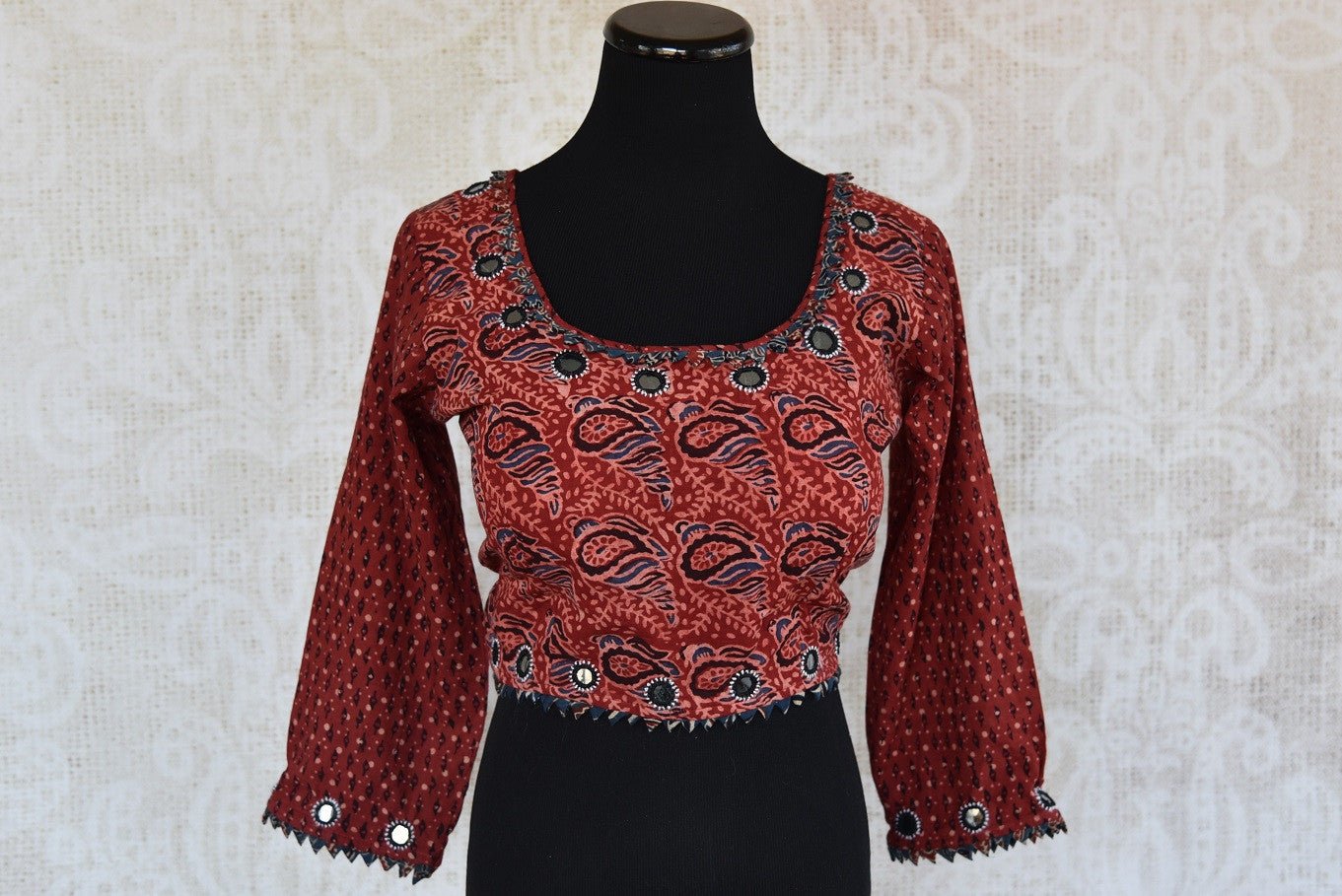 401983, Shop this traditional Indian cotton blouse with ajrakh print perfect for any wedding, reception, sangeet or engagement from Pure Elegance online or from our store in USA. Front View.