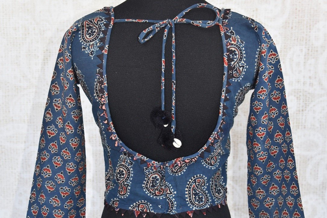 401986, Buy this Indian traditional full sleeved cotton blouse with ajrakh print online or from our Pure Elegance store in Edison, near USA. Perfect for any wedding or reception.  Back View.