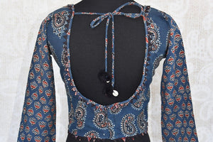 401986, Buy this Indian traditional full sleeved cotton blouse with ajrakh print online or from our Pure Elegance store in Edison, near USA. Perfect for any wedding or reception.  Back View.