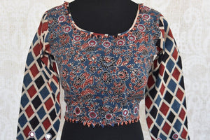 Shop this traditional Indian blue and red cotton designer blouse from Pure Elegance online or from our store in USA. Ideal for any wedding or reception party. Front View.